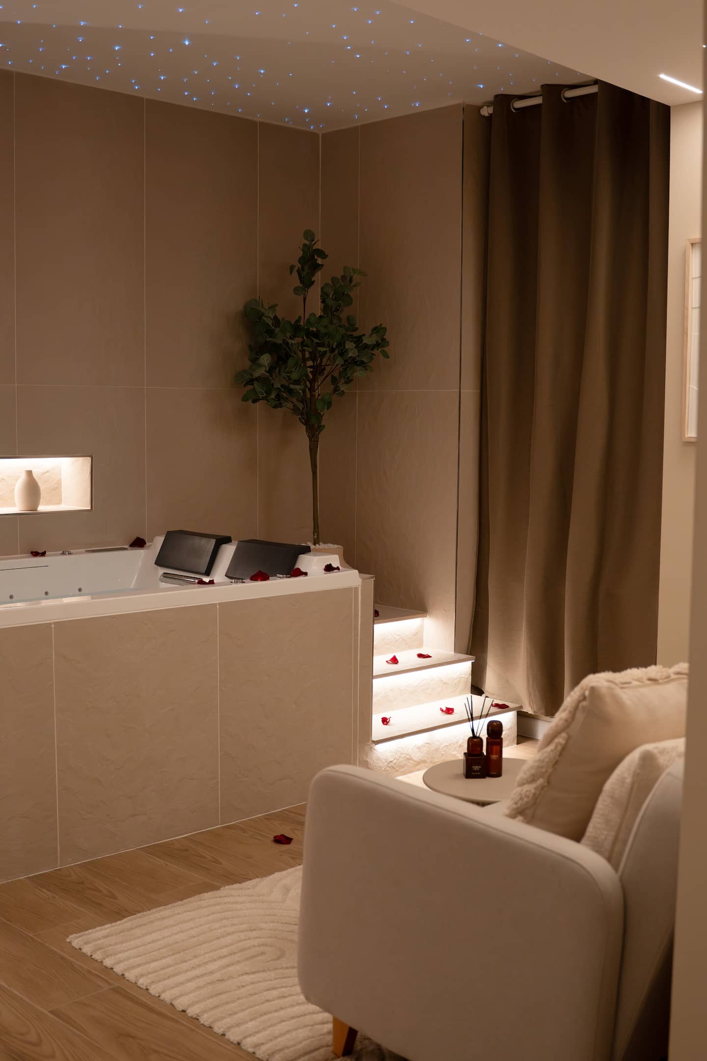 The jacuzzi seen from the lounge area, armchair and olive tree